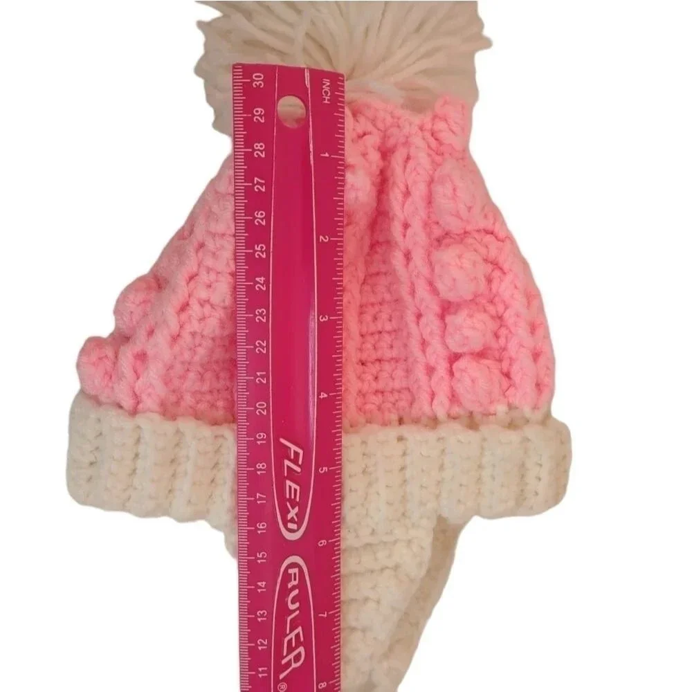 Handmade Pink and white Baby Winter Hat Pom Pom Crochet Ear flaps with ties